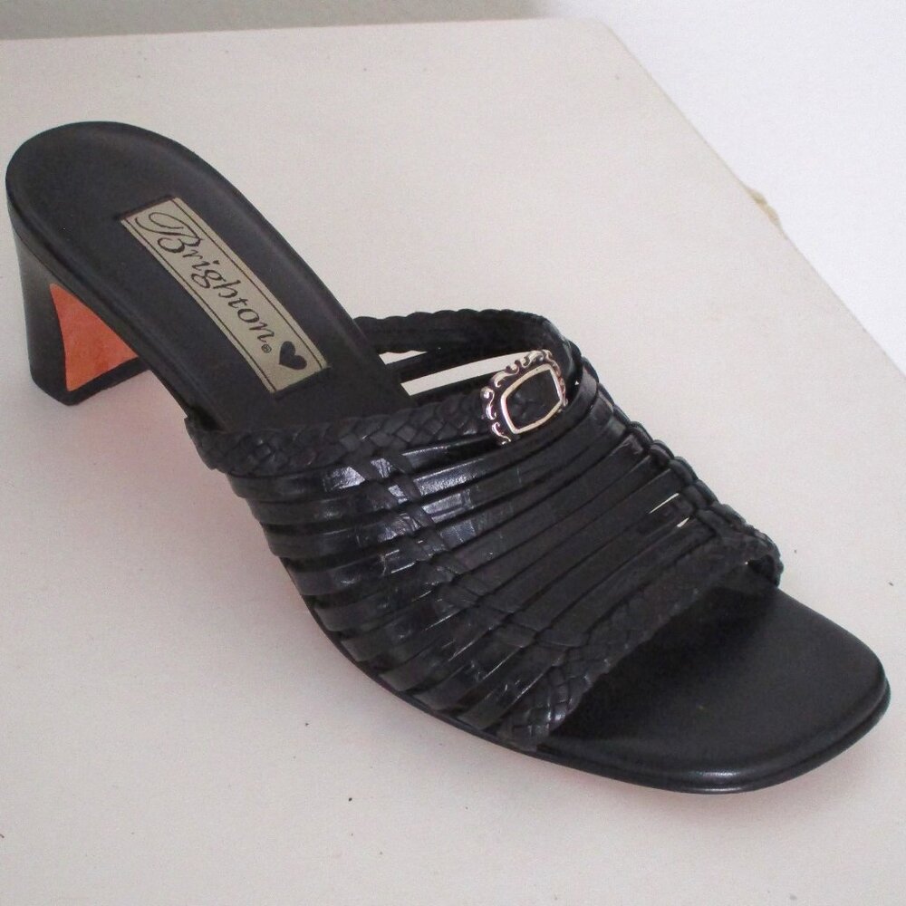 Brighton "Freddi" Black Woven Leather 2.25" Heel Slide Sandal - Size 6M